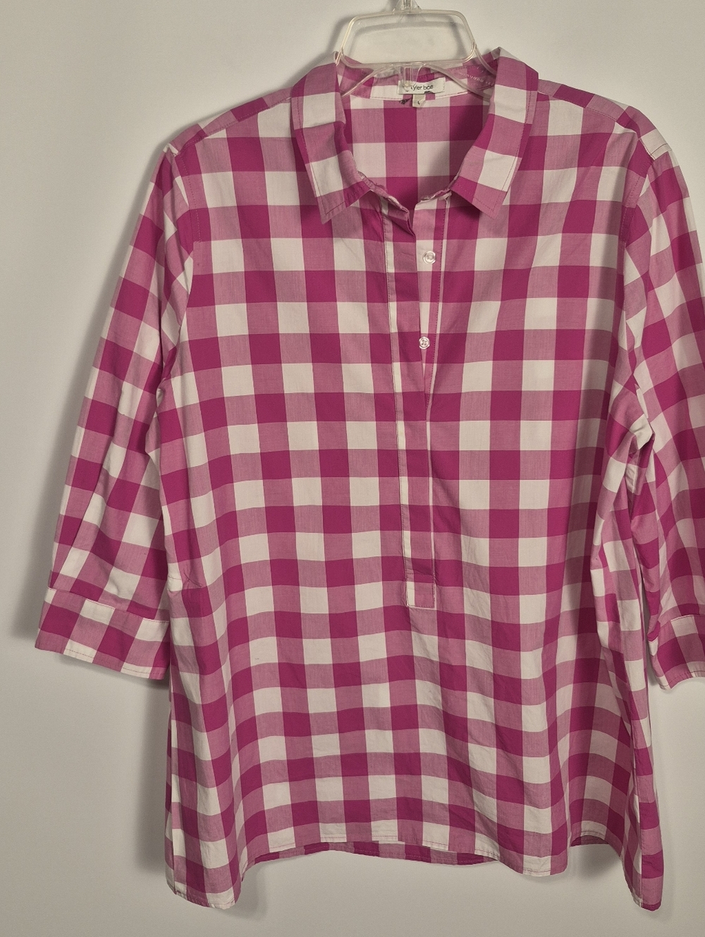Tyler Böe Pink White Buffalo Check Tunic Top Large 3/4 Sleeve Collared Button